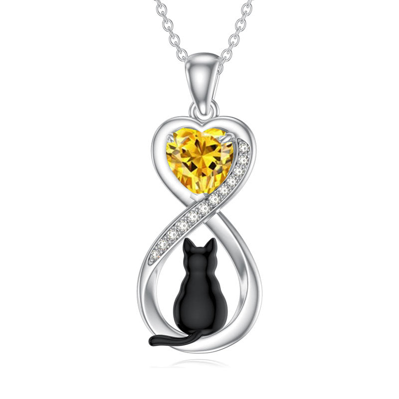 Sterling Silver Birthstone Infinity Black Cat Pendant  Necklace