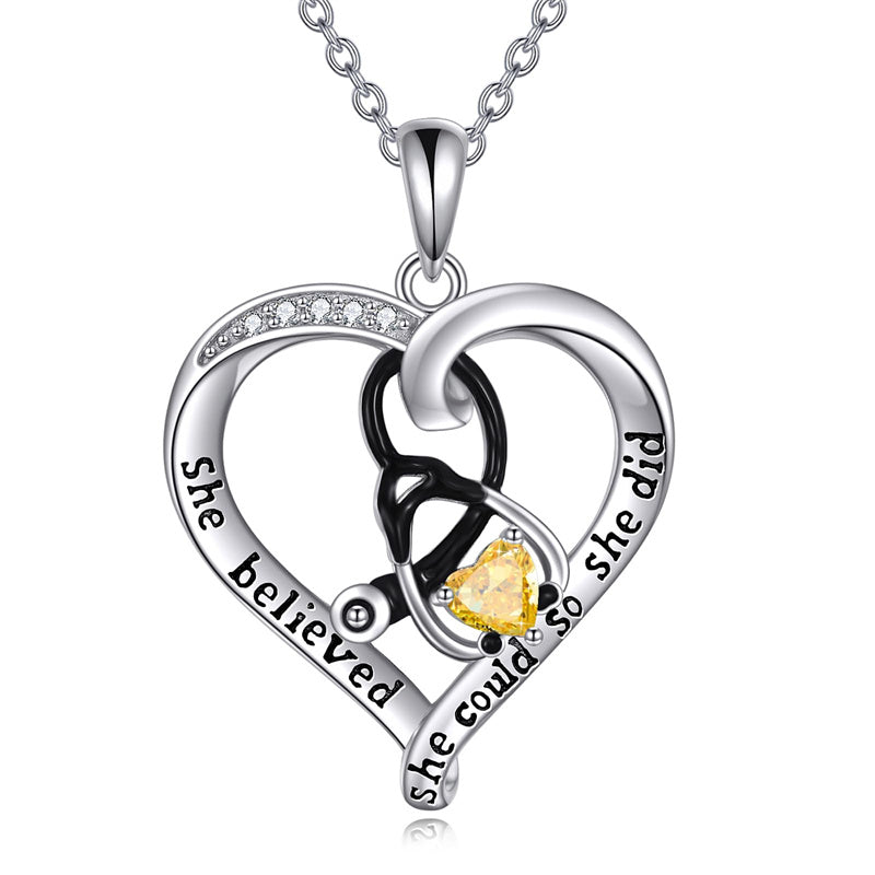 10K 14K 18K Gold Birthstone Caduceus & Stethoscope Pendant Necklace