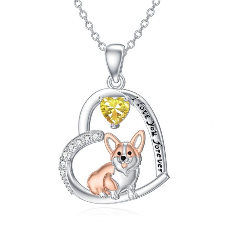 Sterling Silver Birthstone Corgi Pendant Necklace