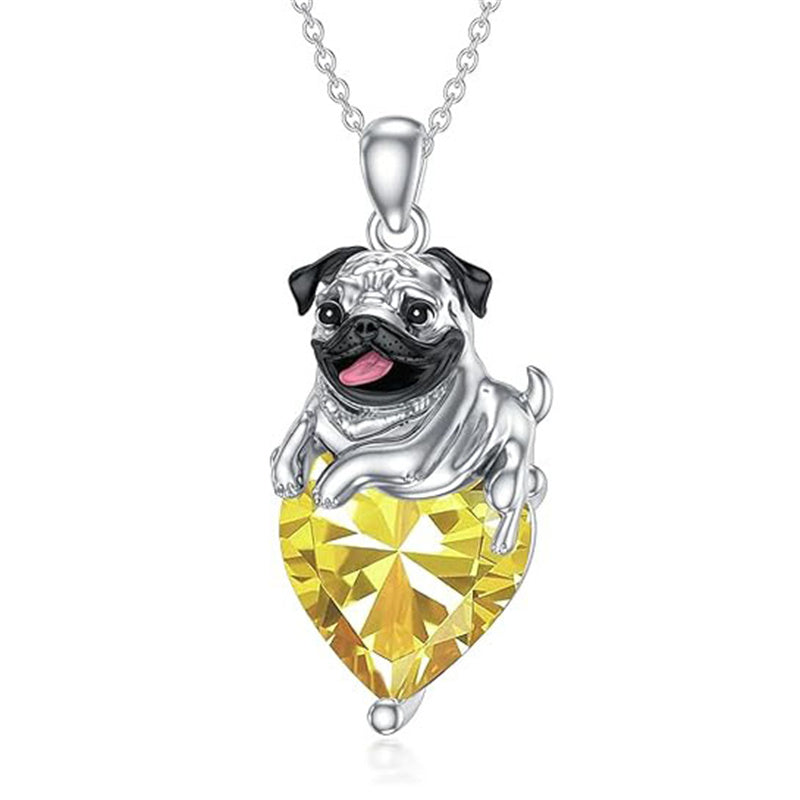 Sterling Silver Heart Birthstone Pug Pendant Necklace