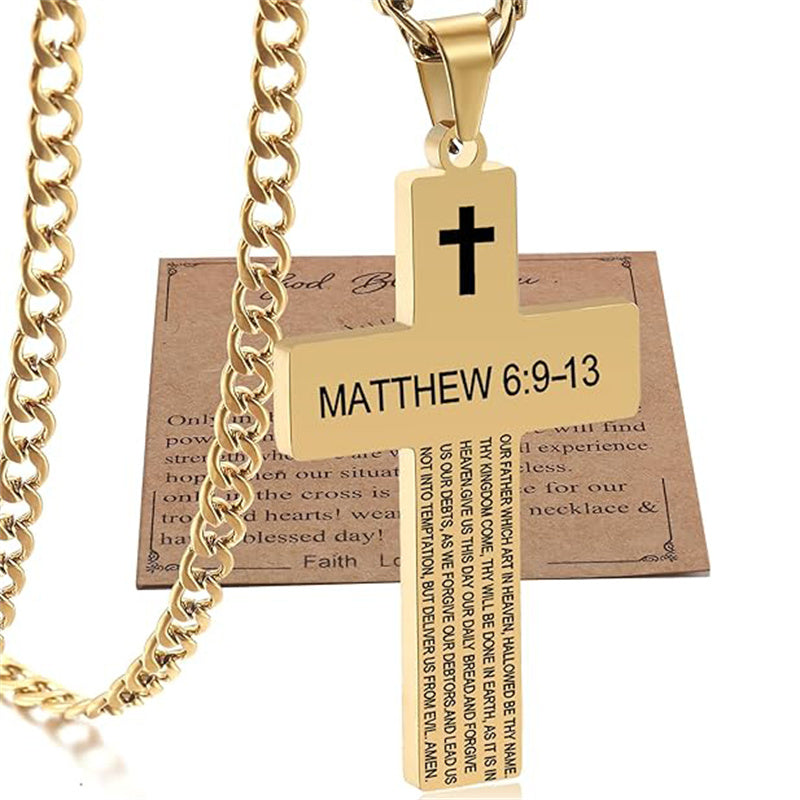 Stainless Steel Bible Verse Cross Necklace for Men with Cuban Chain