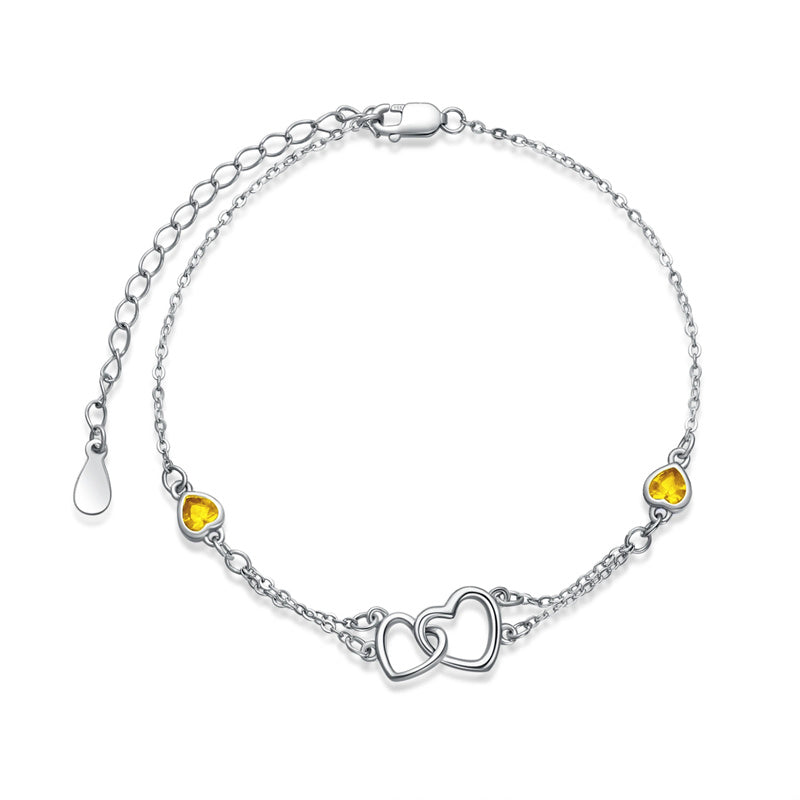 Sterling Silver Double Heart Birthstone Single Layer Anklet