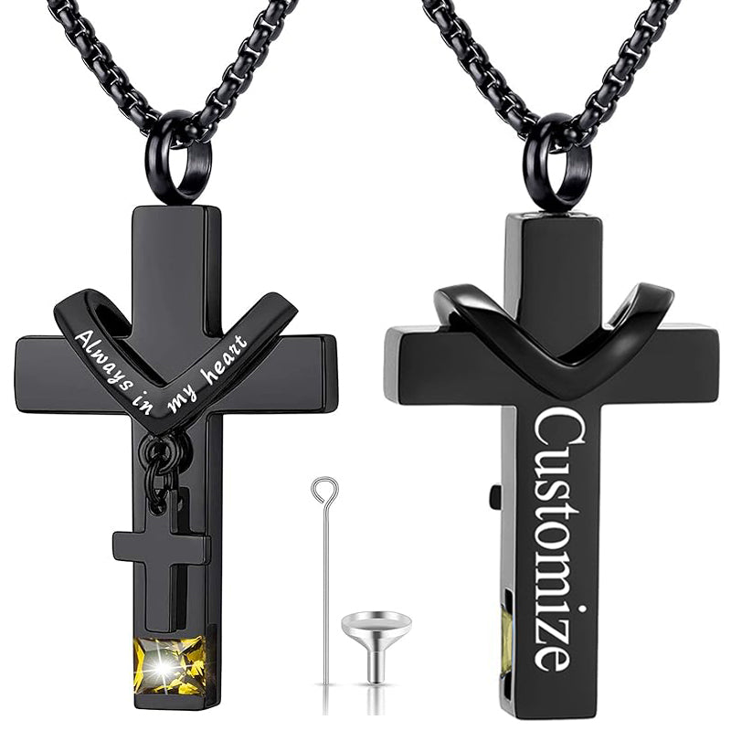 Stainless Steel Birthstones Cross Urn Necklaces for Ashes