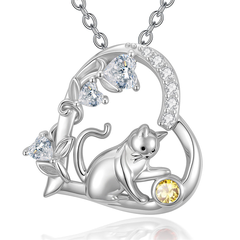 Sterling Silver 12 Month Birthstone Cat Pendant Necklace Gifts for Cat Lovers