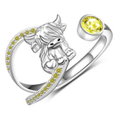 Sterling Silver Birthstone AdjustableHighland Cow Ring