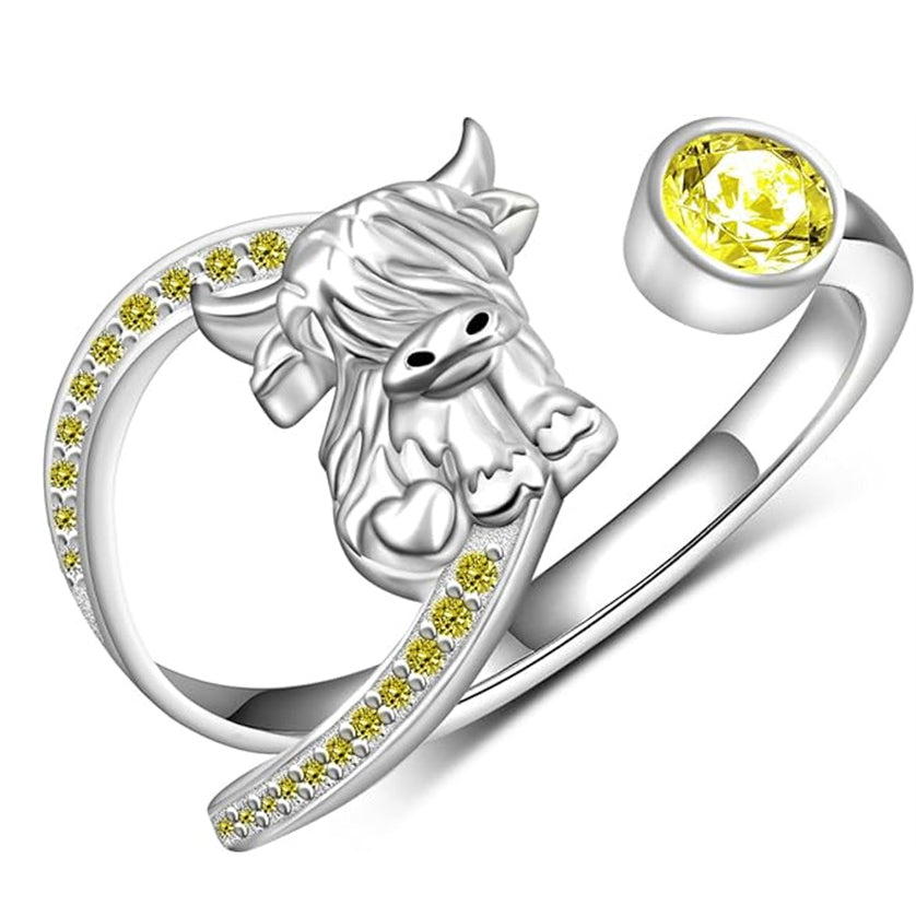 Sterling Silver Birthstone AdjustableHighland Cow Ring