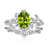 Sterling Silver Oval Shaped  Leaf Gemstone Engagement Rings Set for Women