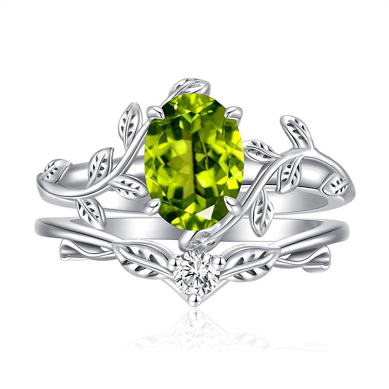 Sterling Silver Oval Shaped  Leaf Gemstone Engagement Rings Set for Women