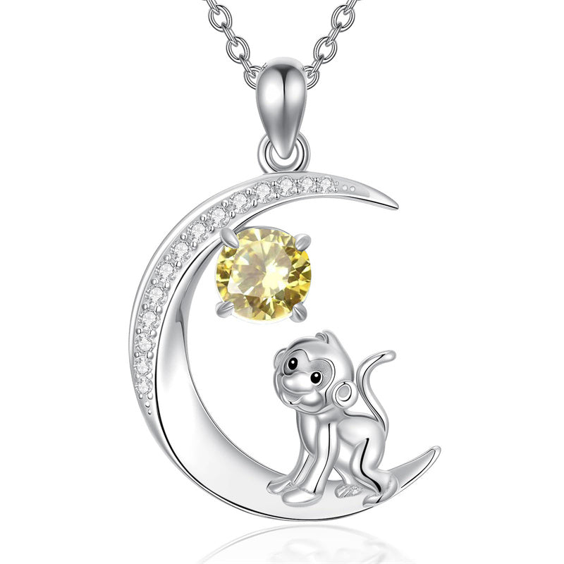Sterling Silver Birthstone Cat Dog Monkey Pendant Necklace