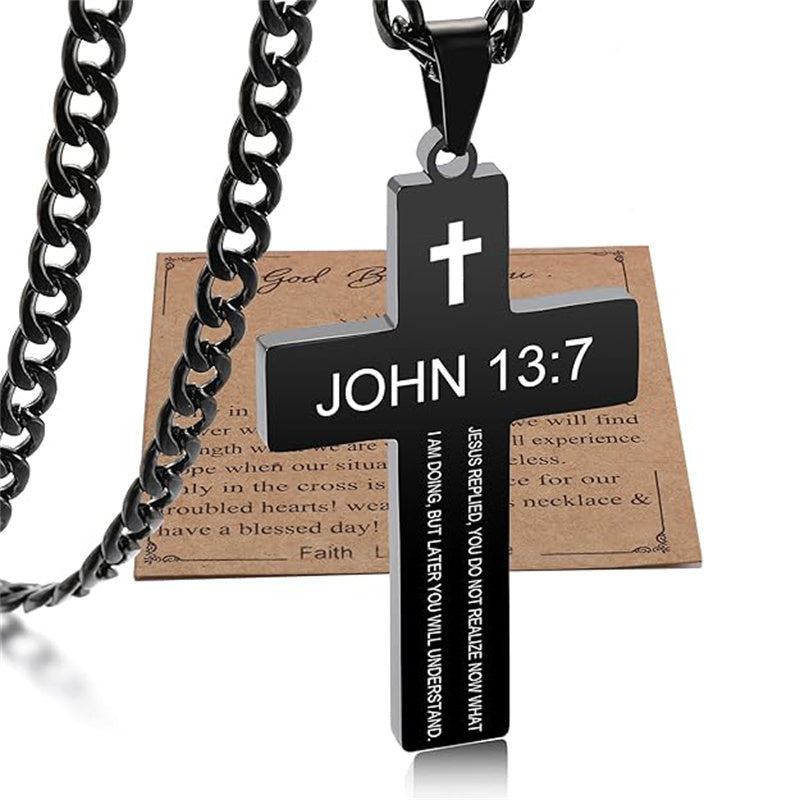 Stainless Steel Bible Verse Cross Necklace for Men with Cuban Chain