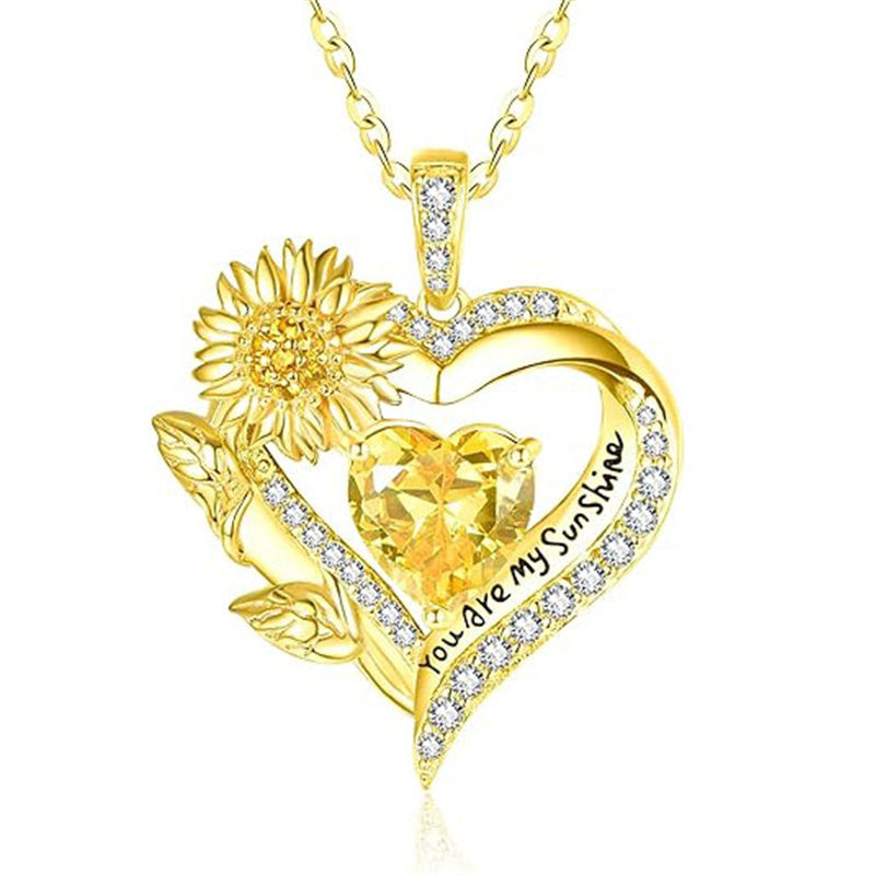 Sterling Sliver Birthstone Love Heart & Sunflower Pendant Necklace Engraved With You Are My Sunshine