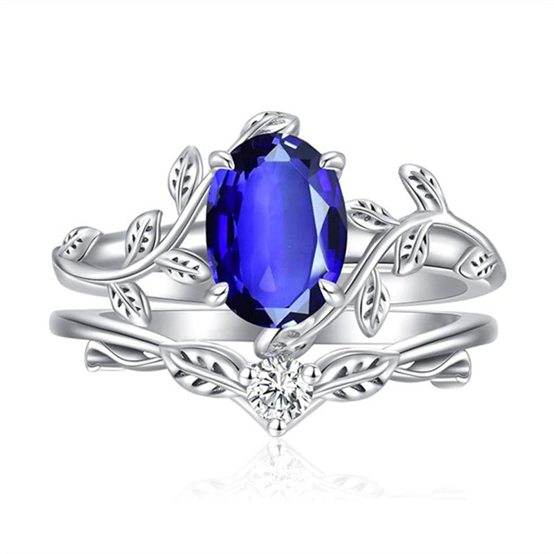 Sterling Silver Oval Shaped  Leaf Gemstone Engagement Rings Set for Women