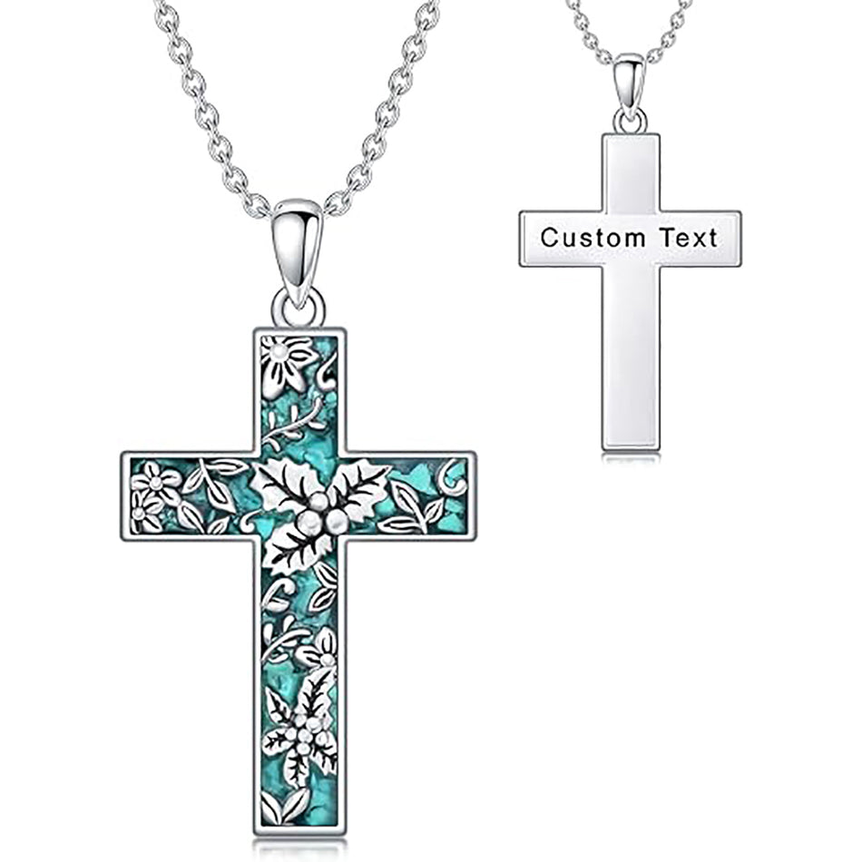 Sterling Silver Turquoise Personalized Engraved 12 Month Birth Flower Cross Pendant Necklace