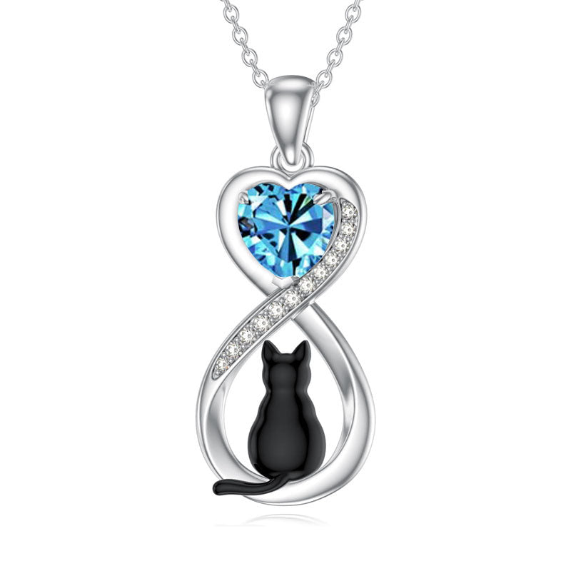 Sterling Silver Birthstone Infinity Black Cat Pendant  Necklace