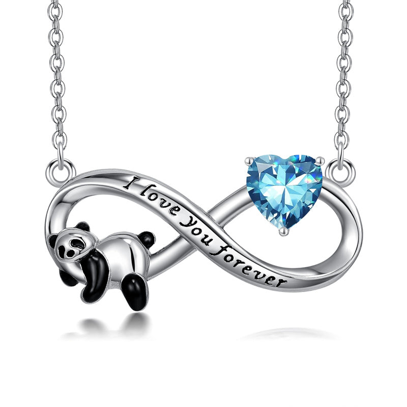 Sterling Silver Birthstone Infinity Panda Pendant Necklace Engraved with I Love Forever