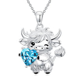Sterling Silver Heart  Birthstone Highland Cow Pendant Necklace
