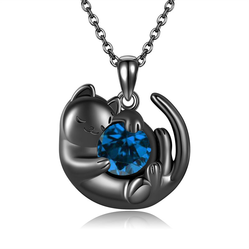 Sterling Silver Birthstone Infinity Black Cat Pendant  Necklace