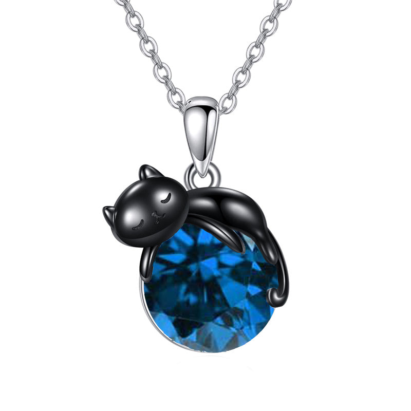 Sterling Silver Birthstone Infinity Black Cat Pendant  Necklace