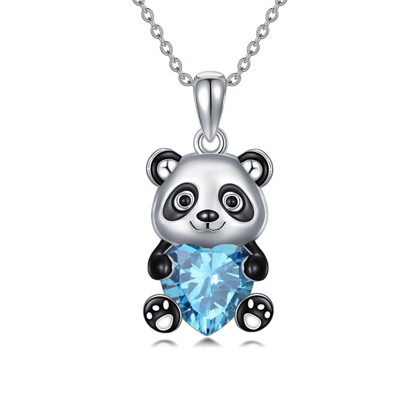 Sterling Silver Heart Birthstone Panda Pendant Necklace