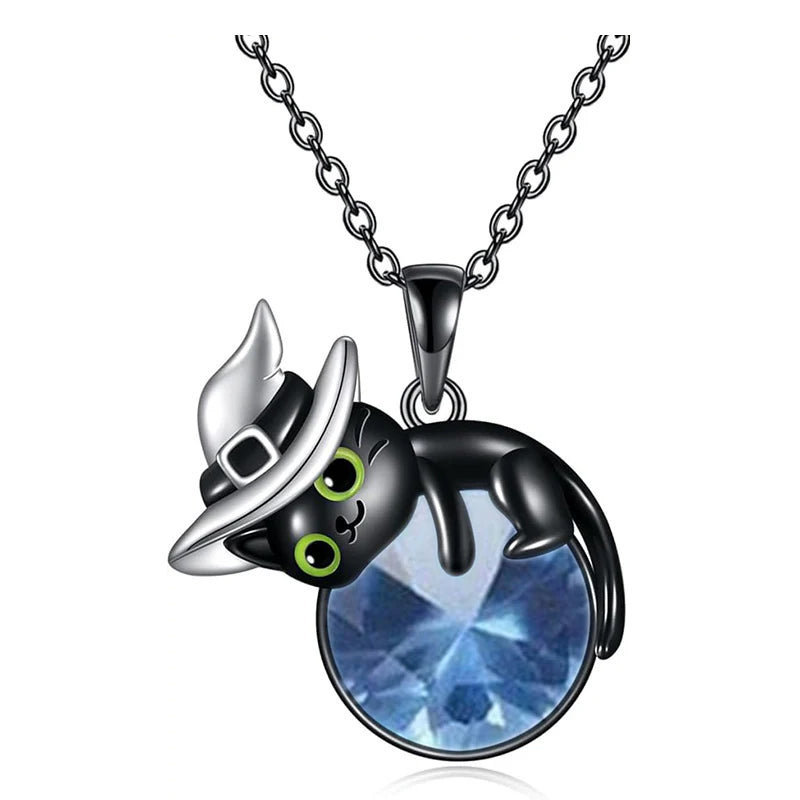 Sterling Silver Birthstone Black Cat Pendant Necklace