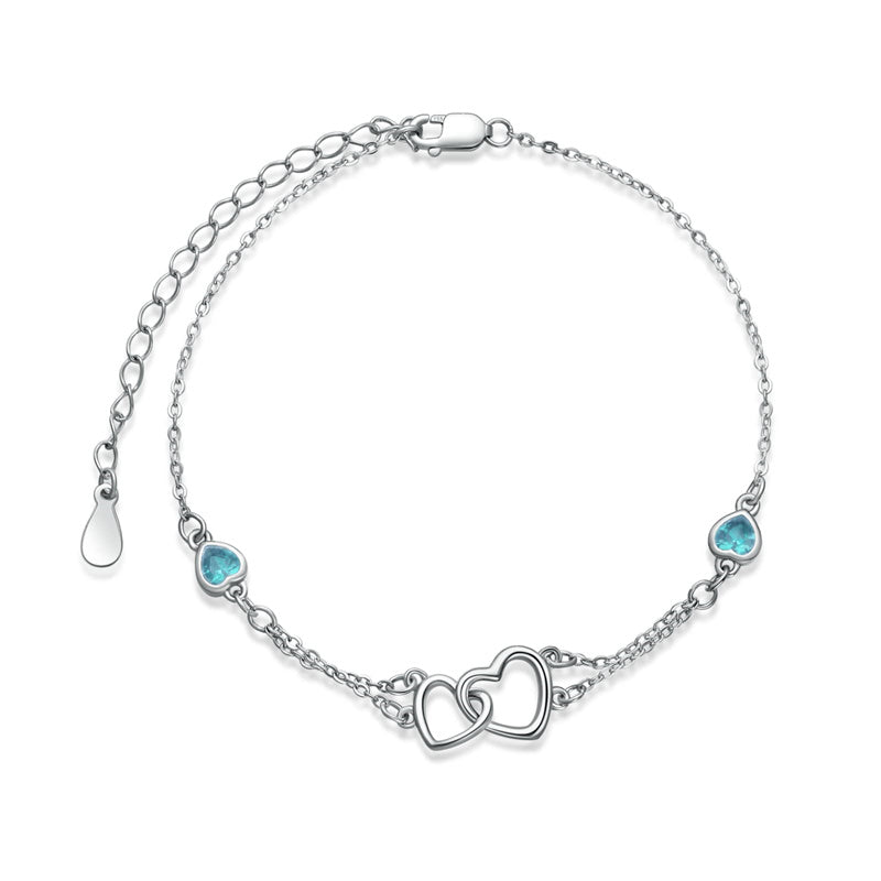 Sterling Silver Double Heart Birthstone Single Layer Anklet