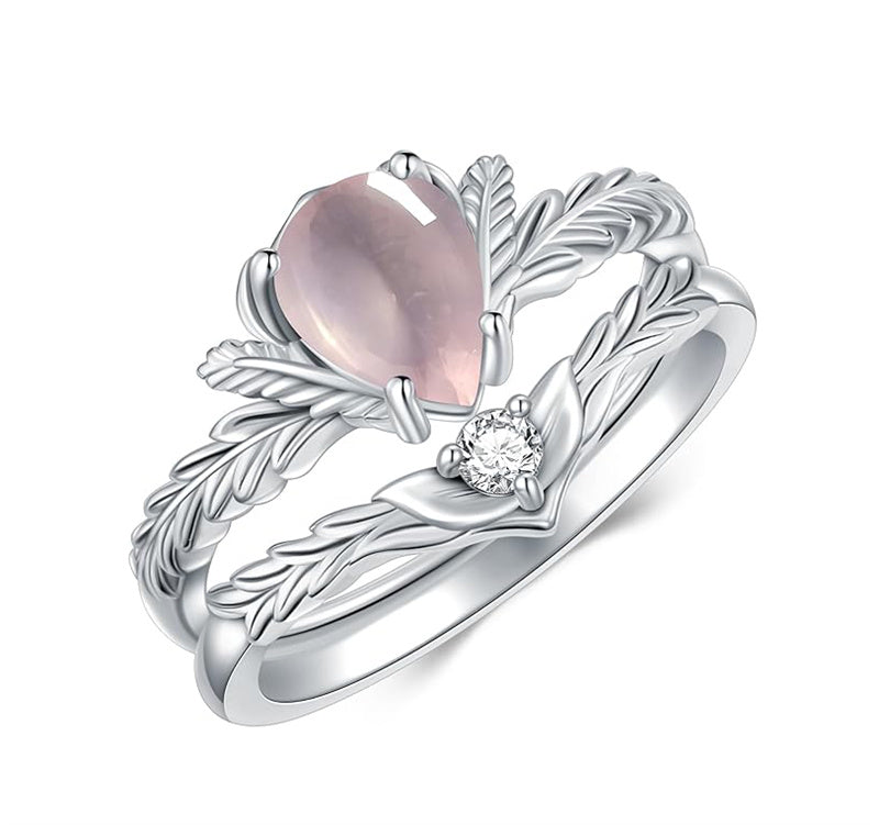 Sterling Silver Pear Cut Vine Leaf Gemstone Engagement Rings Set for Women