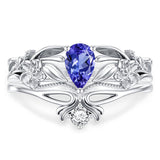 Sterling Silver Pear Shaped Gemstone Engagement Rings Set for Women