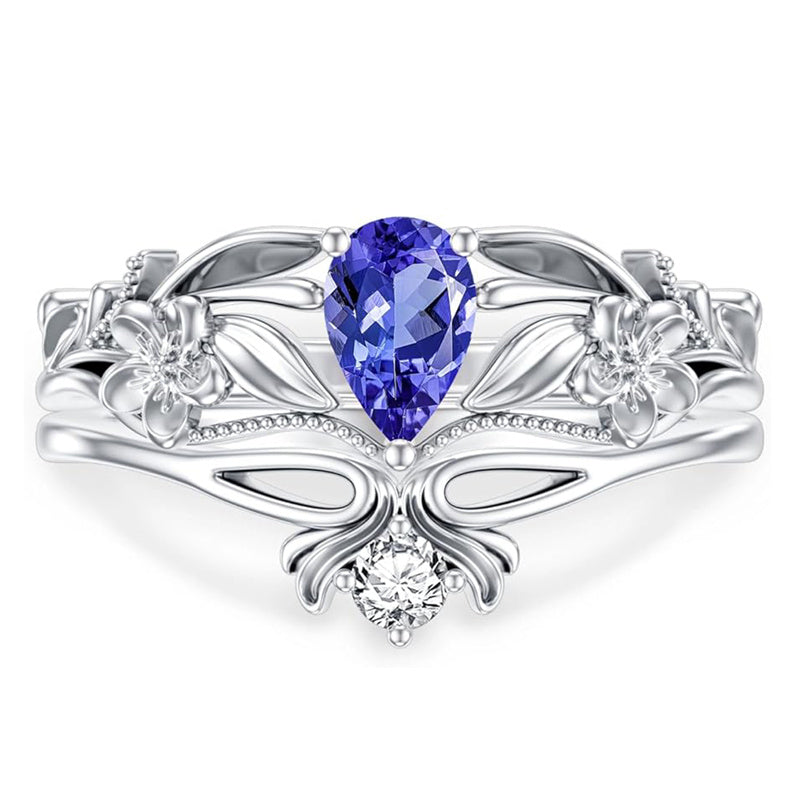 Sterling Silver Pear Shaped Gemstone Engagement Rings Set for Women