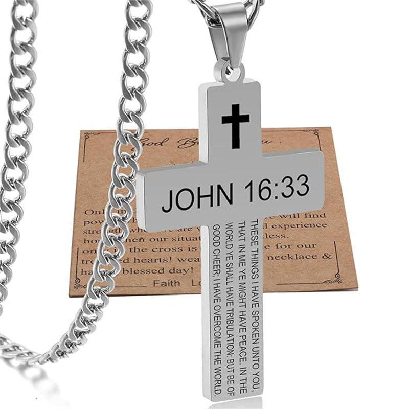 Stainless Steel Bible Verse Cross Necklace for Men with Cuban Chain