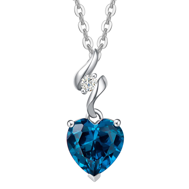 14K Solid White Gold Heart Gemstone Pendant Necklace with Sterling Silver Chain