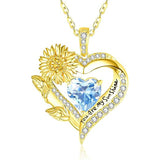 Sterling Sliver Birthstone Love Heart & Sunflower Pendant Necklace Engraved With You Are My Sunshine