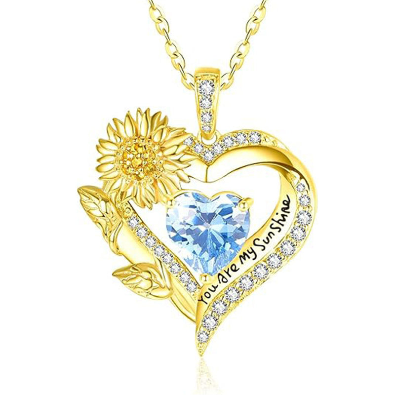 Sterling Sliver Birthstone Love Heart & Sunflower Pendant Necklace Engraved With You Are My Sunshine