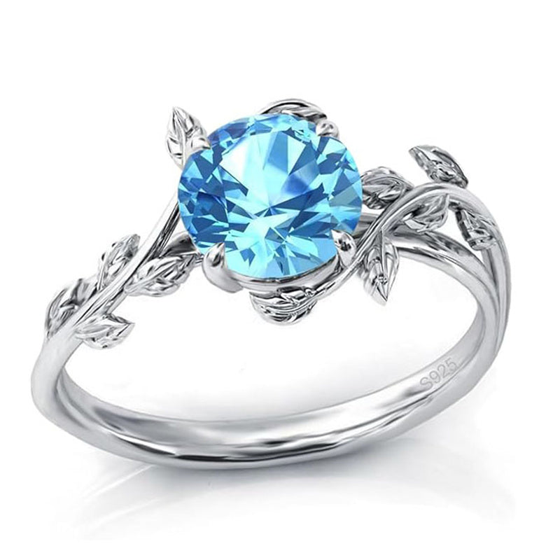 Sterling Silver Round Birthstone  Leaf Promise Ring for Her