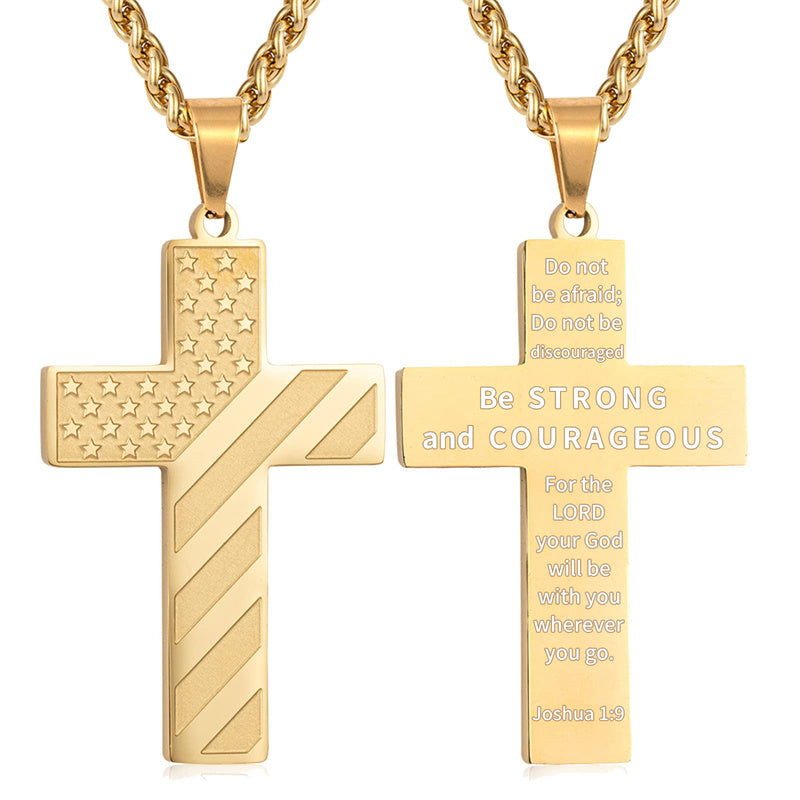 Stainless Steel Personalized Engraved American Flag Cross Pendant Necklace