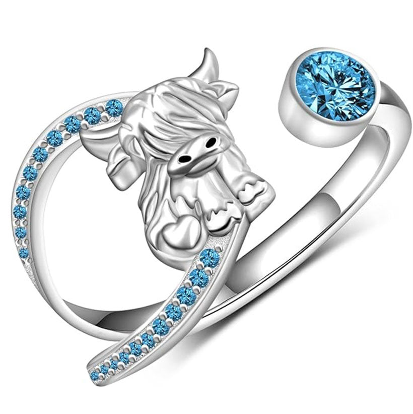 Sterling Silver Birthstone AdjustableHighland Cow Ring