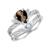 Sterling Silver Pear Cut Vine Leaf Gemstone Engagement Rings Set for Women