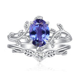Sterling Silver Oval Shaped  Leaf Gemstone Engagement Rings Set for Women