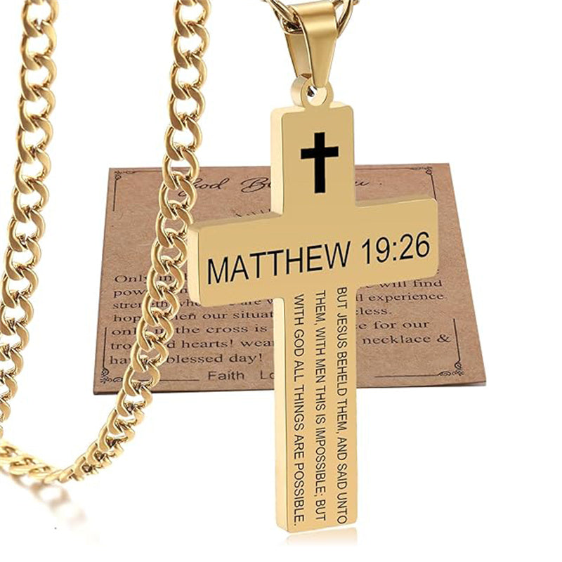 Stainless Steel Bible Verse Cross Necklace for Men with Cuban Chain