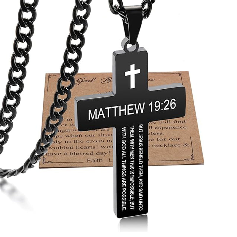 Stainless Steel Bible Verse Cross Necklace for Men with Cuban Chain