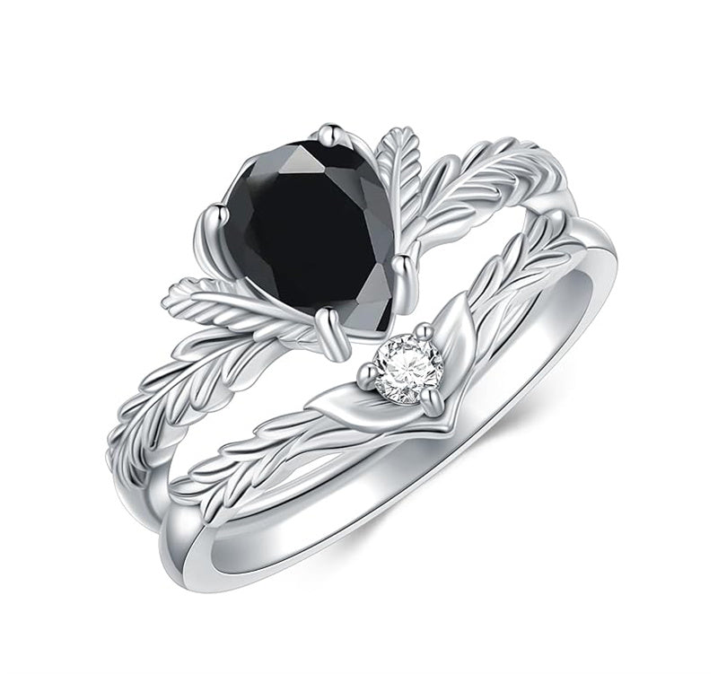 Sterling Silver Pear Cut Vine Leaf Gemstone Engagement Rings Set for Women