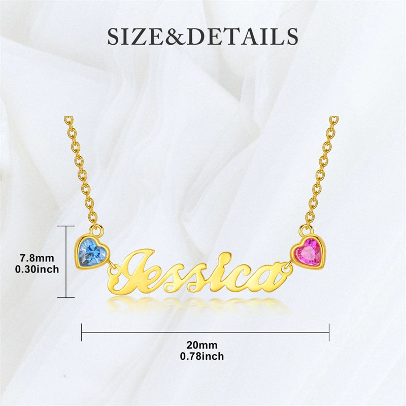 10K Gold 14K Gold 18K Gold 2 Heart Birthstone Personalized Name Pendant Necklace