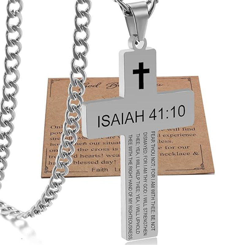 Stainless Steel Bible Verse Cross Necklace for Men with Cuban Chain