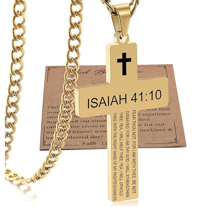 Stainless Steel Bible Verse Cross Necklace for Men with Cuban Chain