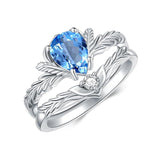 Sterling Silver Pear Cut Vine Leaf Gemstone Engagement Rings Set for Women