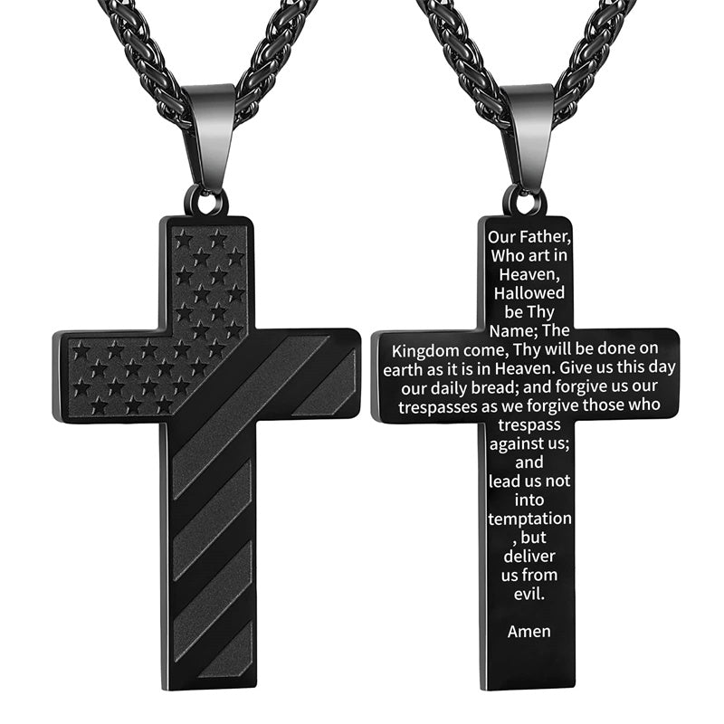 Stainless Steel Personalized Engraved American Flag Cross Pendant Necklace