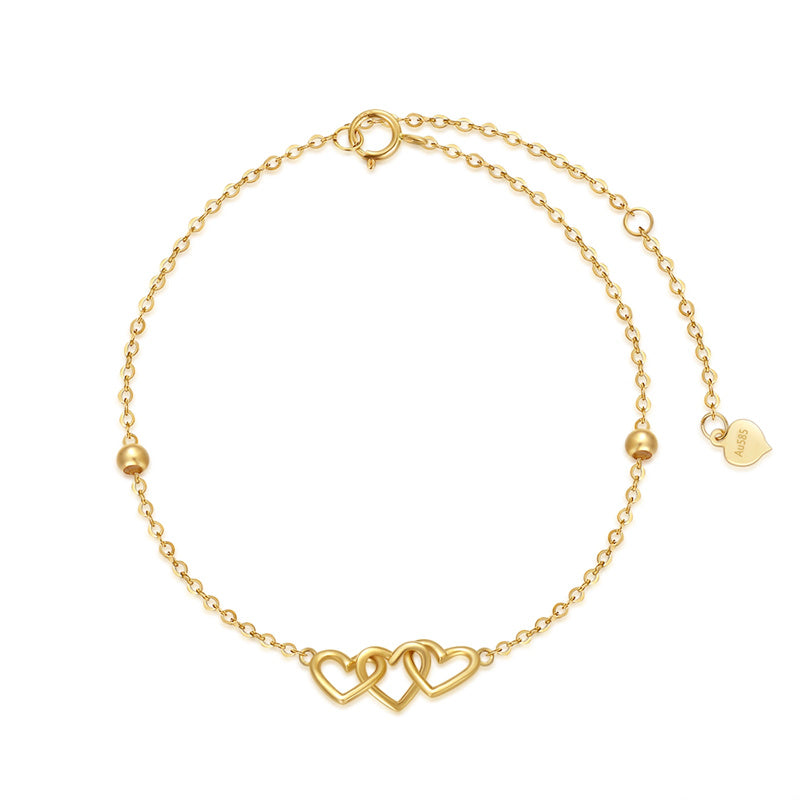 10K Real Gold Three Hearts Bracelets Jewelry Gifts For Women Girls