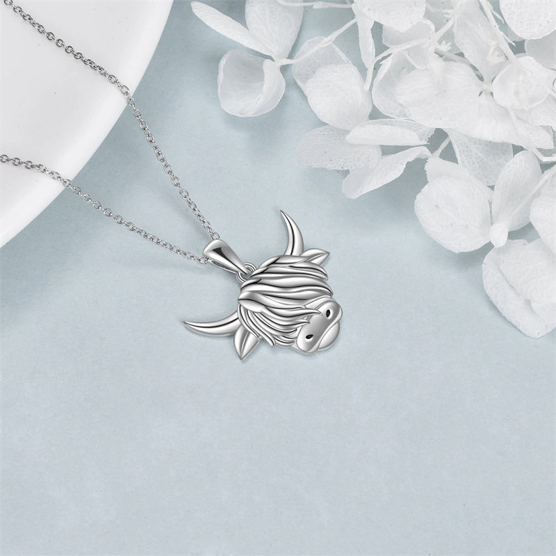 Sterling Silver Heart Highland Cow Pendant Necklace