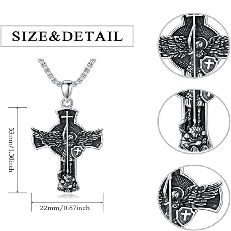 Sterling Silver St Michael & Cross Pendant Necklace for Men