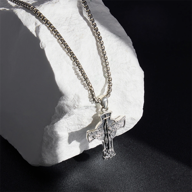 Sterling Silver St Michael & Cross Pendant Necklace for Men