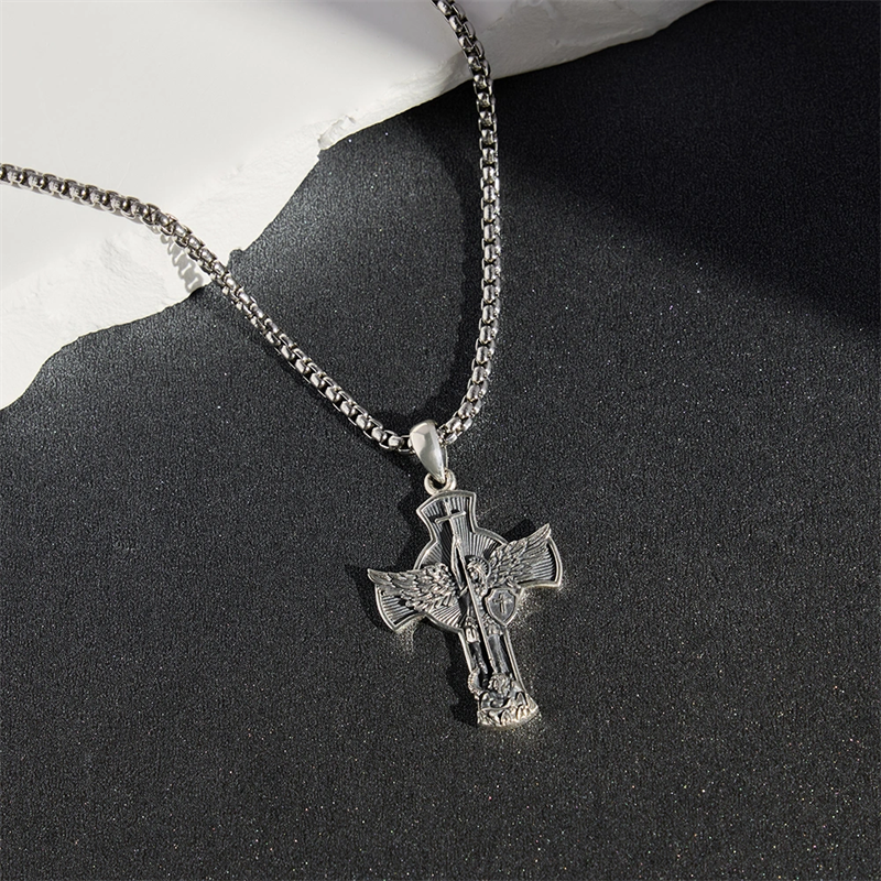 Sterling Silver St Michael & Cross Pendant Necklace for Men
